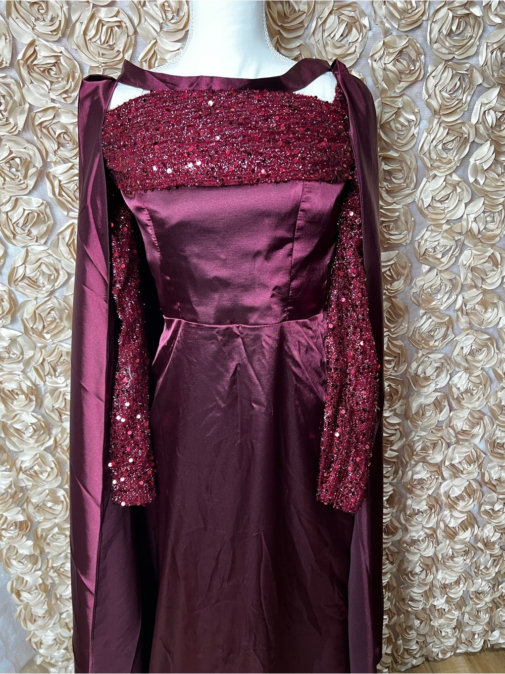 Burgundy Sequin Off-Shoulder Evening Gown with Cape